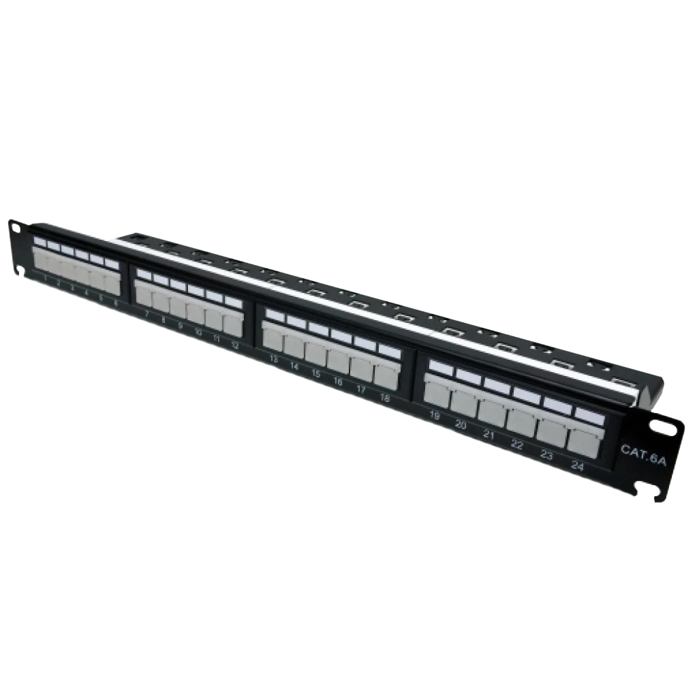 Патч-панель 19" 24xRJ-45 UTP, кат. 6a, із заднім організатором з пластиковими шторками, LW